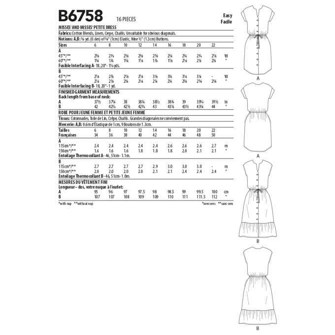 Patron Butterick 6758 robe, taille 32-40, en français