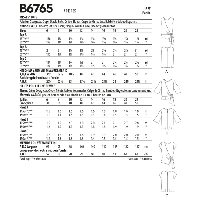 Naaipatroon Butterick 6765 Shirt, maat 32-40, Dui/En/Fr