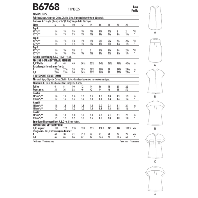 Naaipatroon Butterick 6768 blouse, maat 32-40, Dui/En/Fr