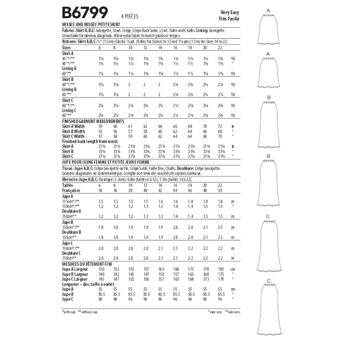 Patron Butterick 6799 jupe , taille 32-40, en français