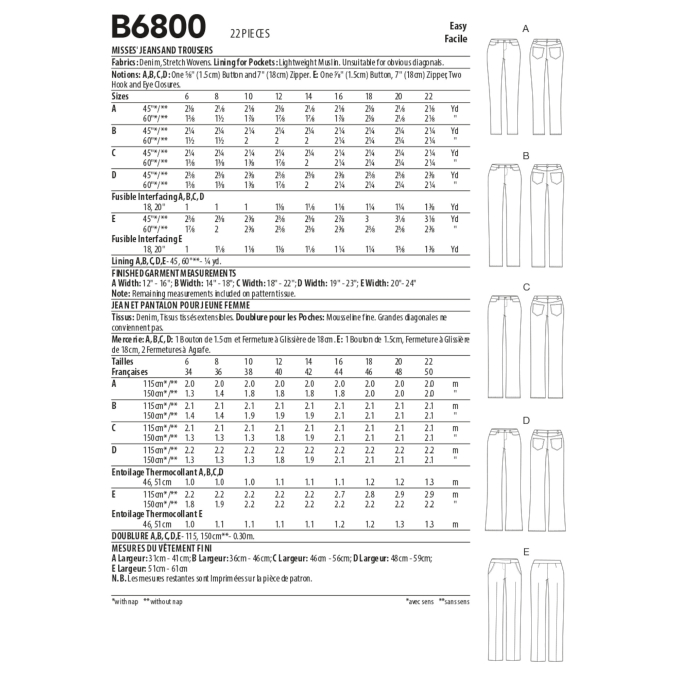 Naaipatroon Butterick 6800 Basic Jeans, maat 32-40, Dui/En/Fr