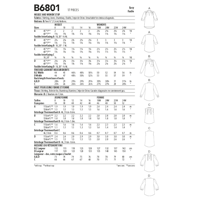 Naaipatroon Butterick 6801 blouse, maat 34- 42, Dui/En/Fr