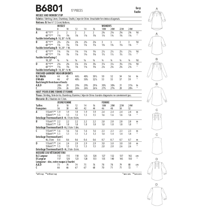 Naaipatroon Butterick 6801 blouse, maat 44- 50, Dui/En/Fr