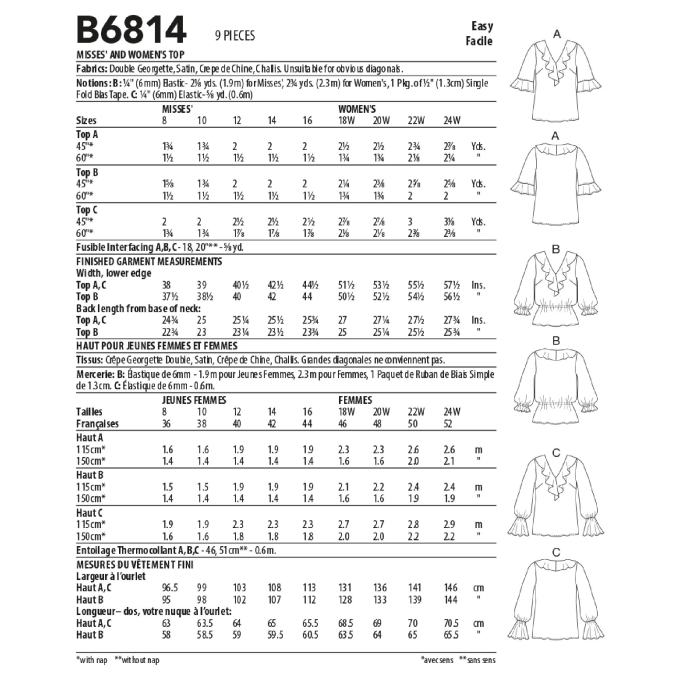 Naaipatroon Butterick 6814 blouse, maat 44-50, Dui/En/Fr
