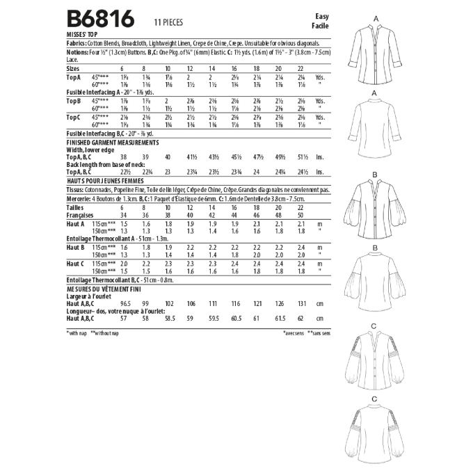 Naaipatroon Butterick 6816 blouse, maat 40-48, Dui/En/Fr