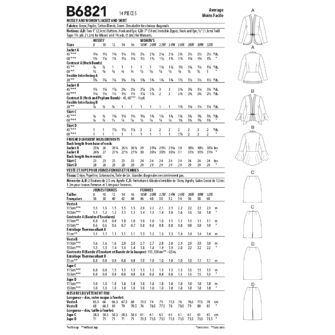 Patron Butterick 6821 jupe, taille 34-42, en français