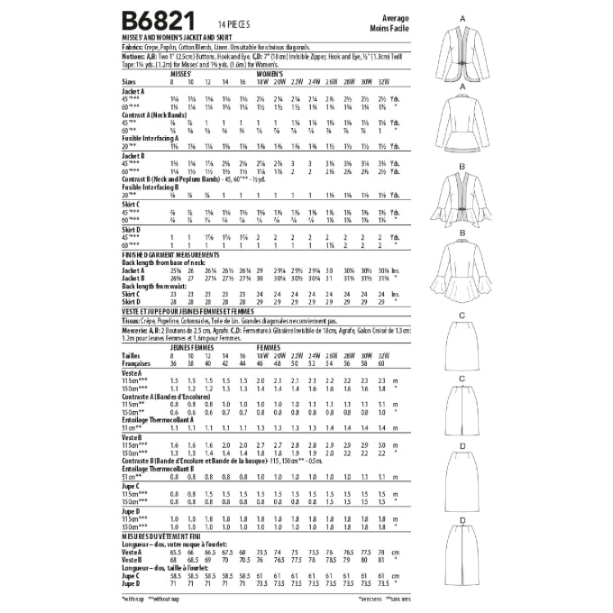 Patron Butterick 6821 jupe, taille 52-58, en français