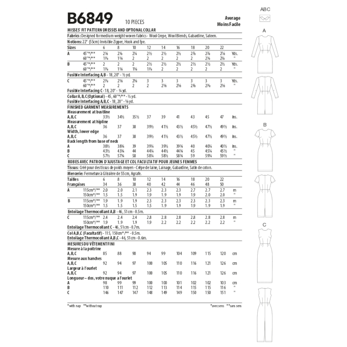 Patron Butterick 6849 robe femme, taille 32-48, en français