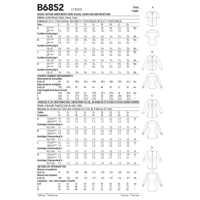 Naaipatroon Butterick 6852 blouse, maat 34-42, Dui/En/Fr