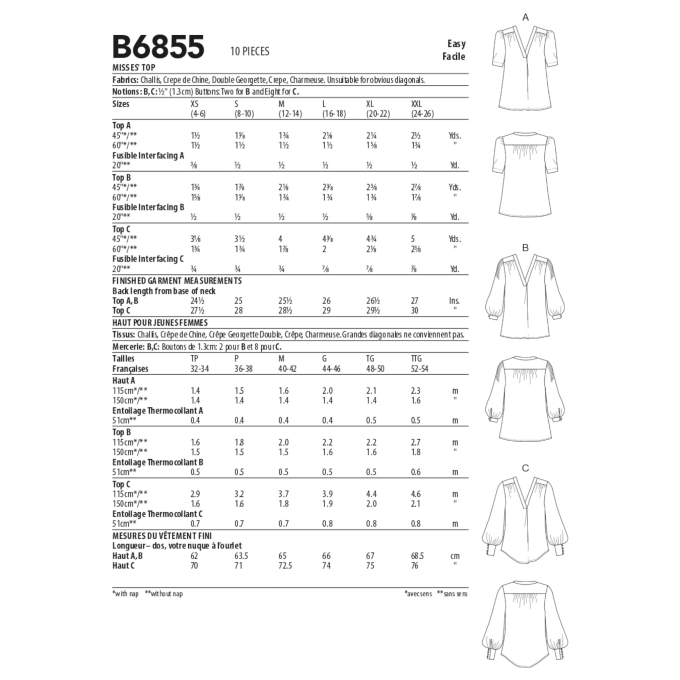 Naaipatroon Butterick 6855 blouse, maat 34-48, Dui/En/Fr