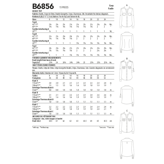 Naaipatroon Butterick 6856 Designer blouse, maat 34-42, Dui/En/Fr