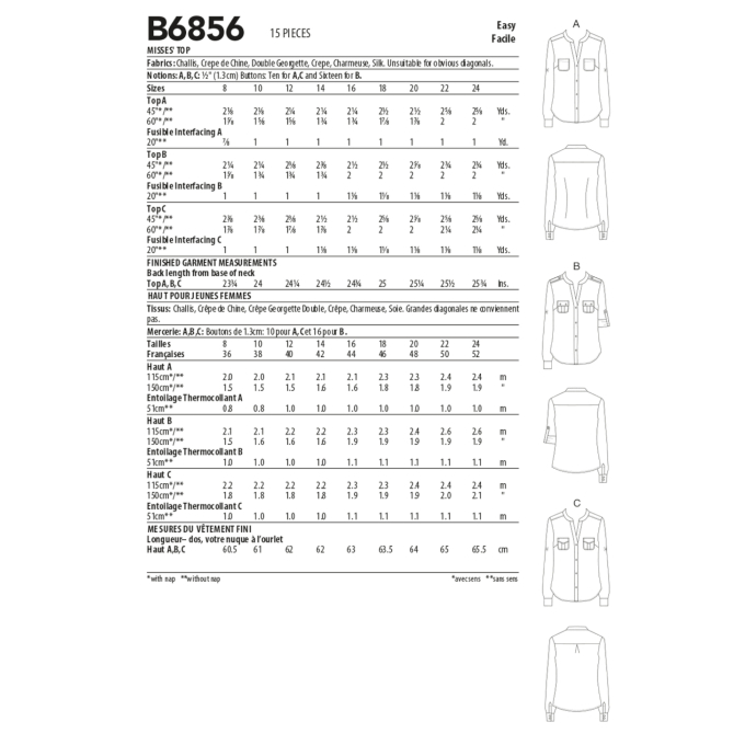Naaipatroon Butterick 6856 Designer blouse, maat 42-50, Dui/En/Fr