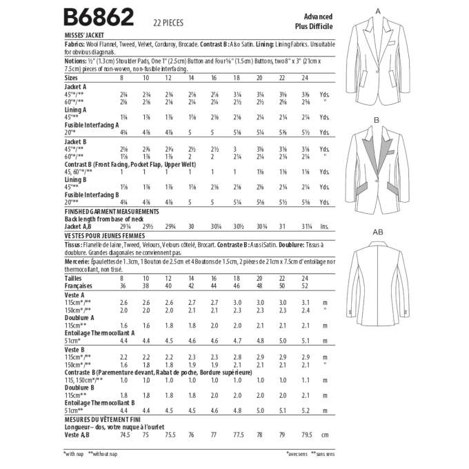 Patron Butterick 6862 veste de styliste femme, taille 34-42, en français