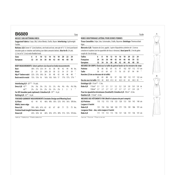 Patron Butterick 6889 robe rétro femme, taille 42-50, en français