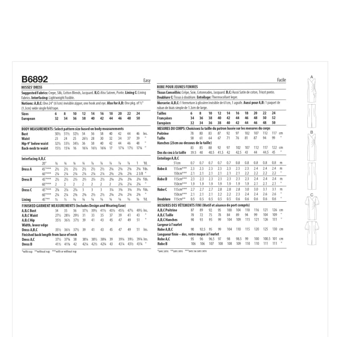Patron Butterick 6892 robe femme, taille 32-40, en français