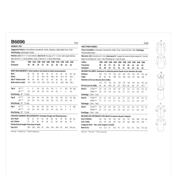 Naaipatroon Butterick 6896 blouse, maat 46-54, Dui/En/Fr
