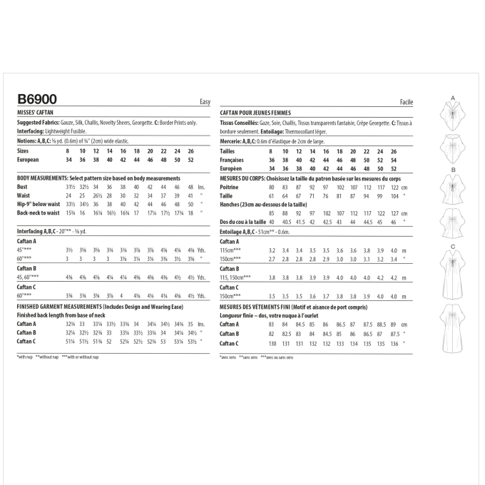 Patron Butterick 6900 robe tunique caftan femme, taille 34-42, en français
