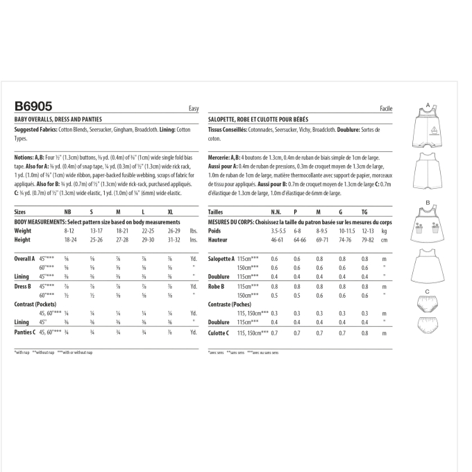 Patron Butterick 6905 combination Baby, taille 46-81 cm, en français
