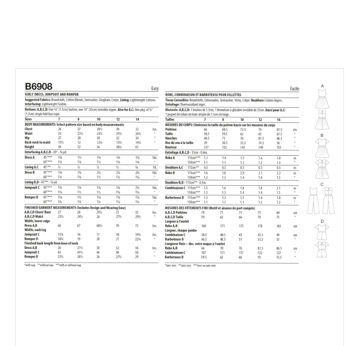 Patron Butterick 6908 combinaison robe enfants, taille 127-155 cm, en français