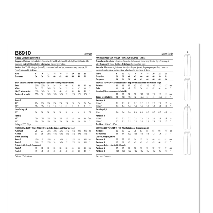 Naaipatroon Butterick 6910 broek, maat 34-42, Dui/En/Fr