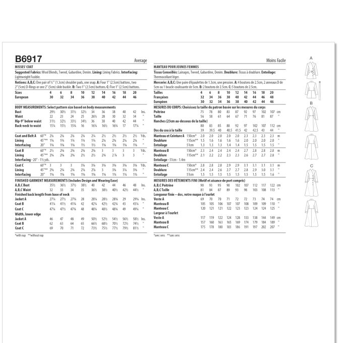 Patron Butterick 6917 manteau femme, taille 30-38, en français