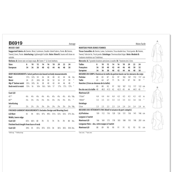 Patron Butterick 6919 manteau femme, taille 34-42, en français