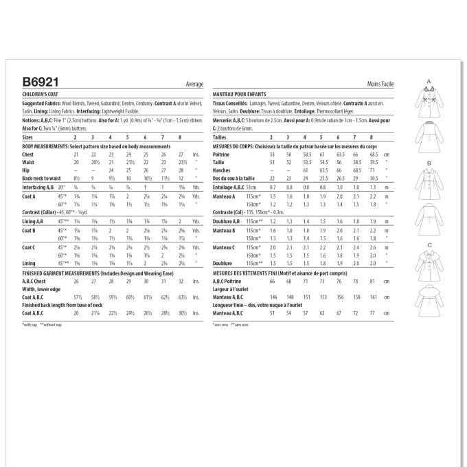 Patron Butterick 6921 manteau enfant, taille 119-132 cm, en français