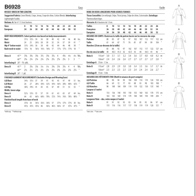 Patron Butterick 6928 robe femme, taille 34-42, en français
