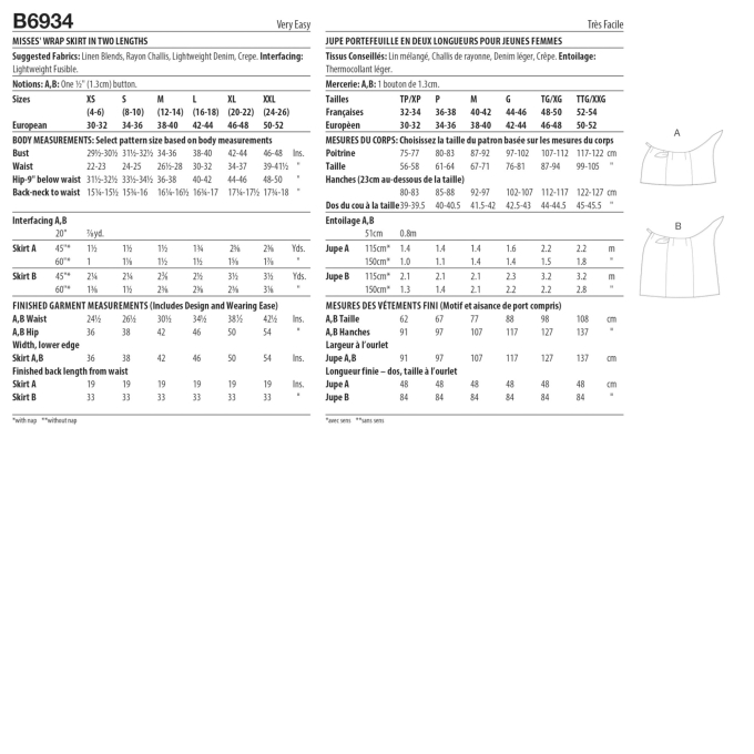 Patron Butterick 6934 jupe femme, taille 32-50, en français