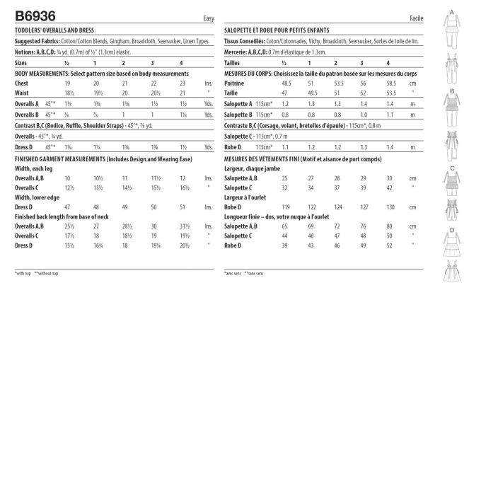 Patron Butterick 6936 ensemble tenue enfants, taille 1/2 - 4 ans, en français