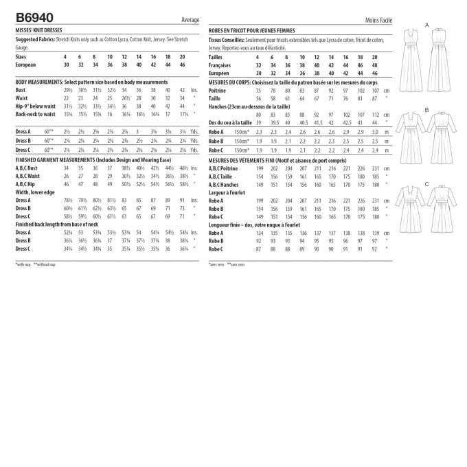 Patron Butterick 6940 robe femme, taille 30-38, en français