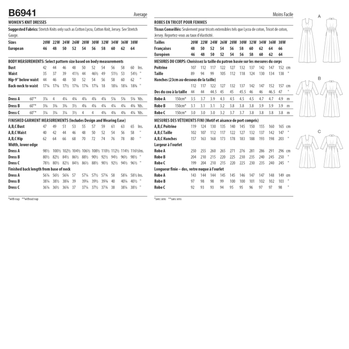 Patron Butterick 6941 robe femme, taille 56-64, en français