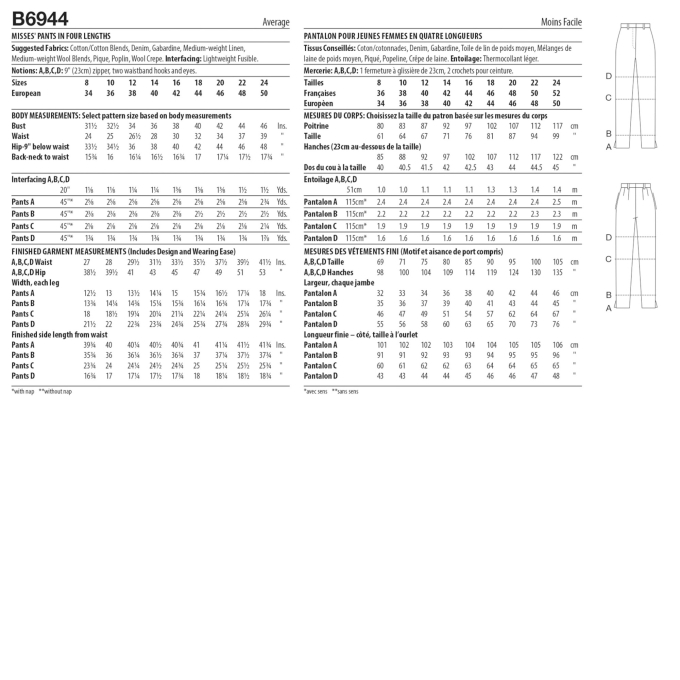 Naaipatroon Butterick 6944 broek, maat 34-42, Dui/En/Fr