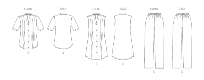 Naaipatroon Butterick 6945 top, jurk en broek, maat 44-52, Dui/En/Fr