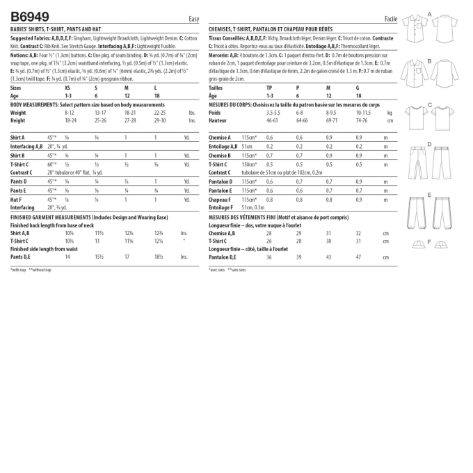 Patron Butterick 6950 ensemble bébé, taille 0,5-4 ans, en français