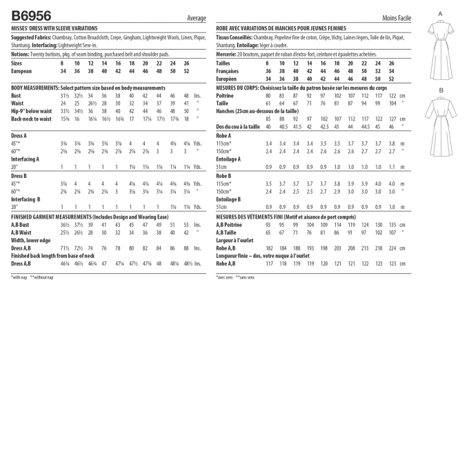 Patron Butterick 6956 robe vintage femme, taille 44-52, en français