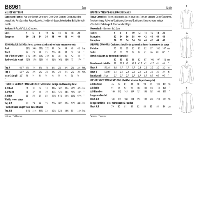 Naaipatroon Butterick 6961 pullover, maat 30-38, Dui/En/Fr