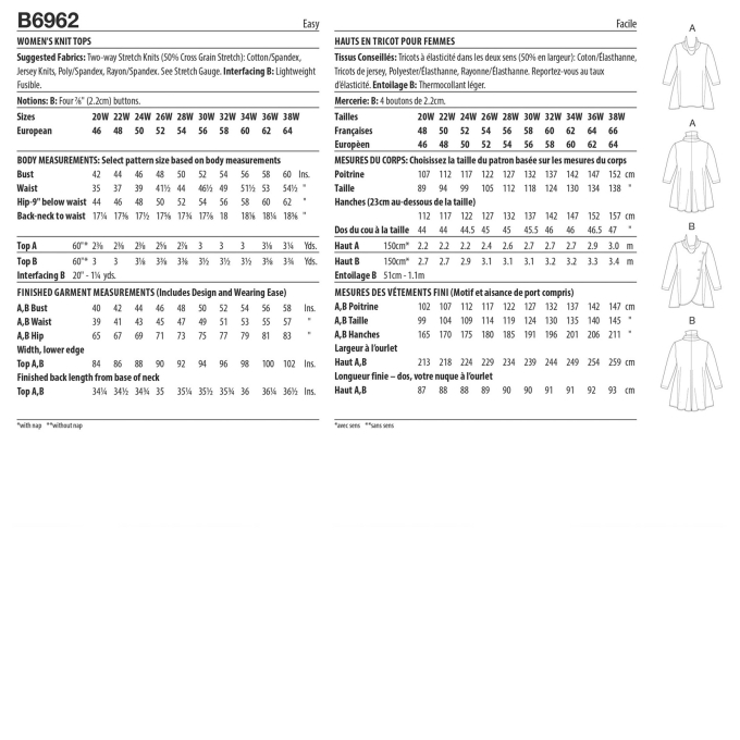 Naaipatroon Butterick 6962 pullover, maat 46-54, Dui/En/Fr