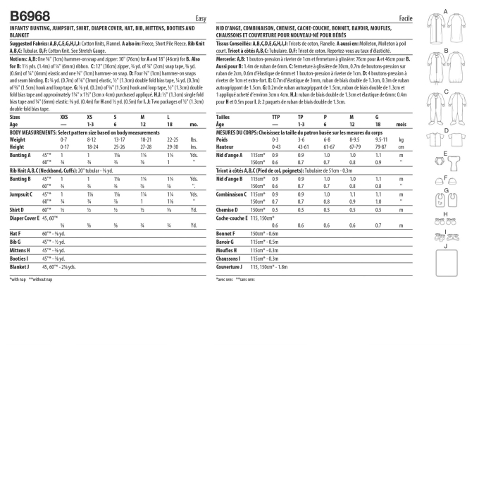 Patron Butterick 6968 gigoteuse bébé, taille XS-L, en français