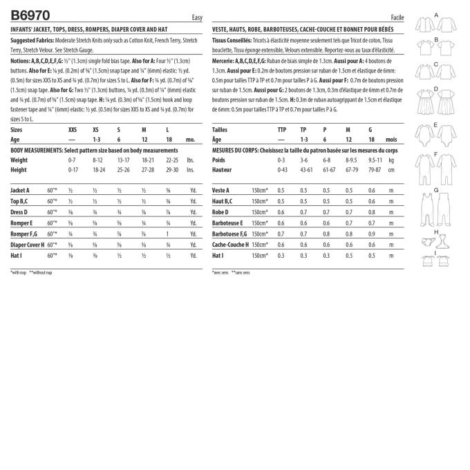 Patron Butterick 69701 kit tenues pour bébé, taille XS-L, en français
