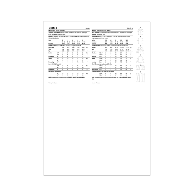 Naaipatroon Butterick 6984 unisex combinatie, maat XS-XL, Dui/En/Fr
