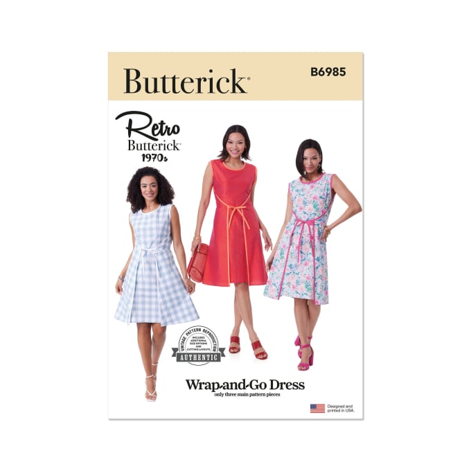Patron Butterick 6985 robe vintage femme, version papier, taille 34-42, en français