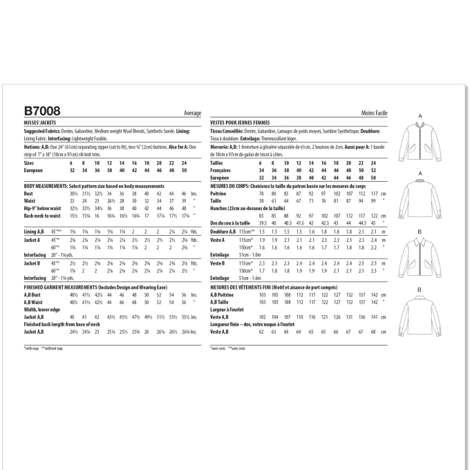 Patron Butterick 7008 blazer femme, version papier, taille 32-40, en français