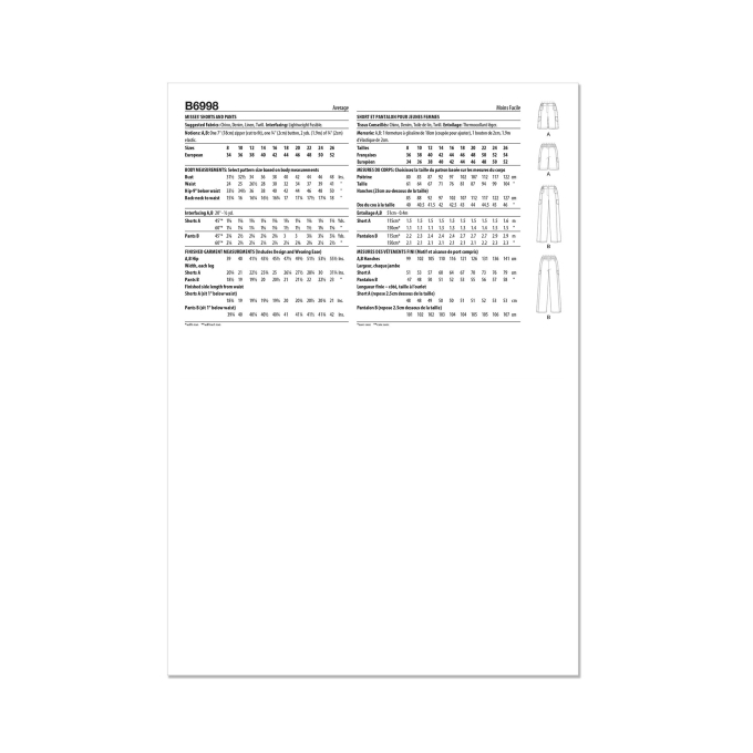 Naaipatroon Butterick Dames Broek 6998, maat 44-52, Dui/En/Fr