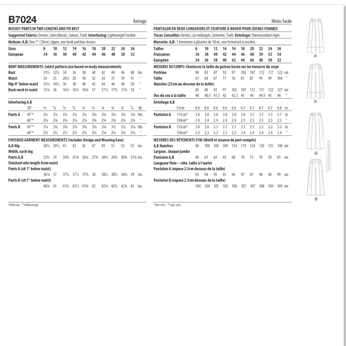 Naaipatroon Butterick Dames Broek 7024, maat 44-52, Dui/En/Fr