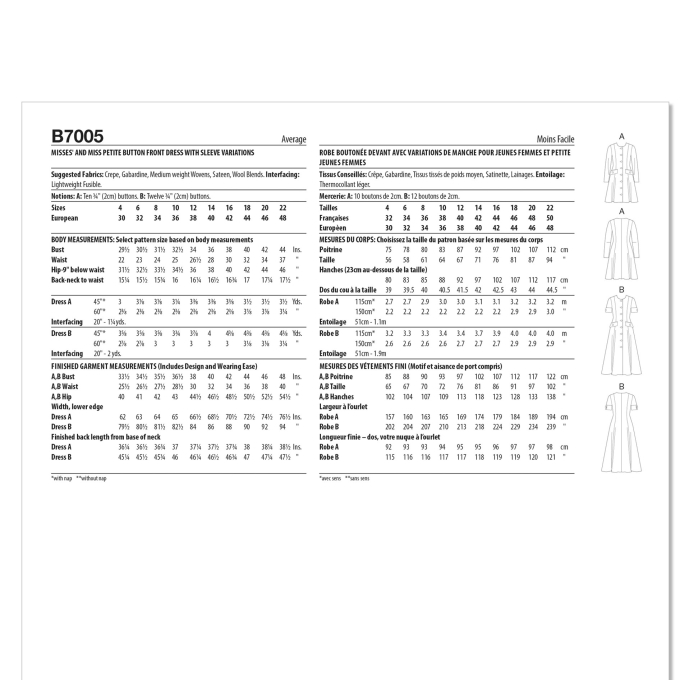 Patron Butterick 7005 robe femme, version papier, taille 40-48, en français