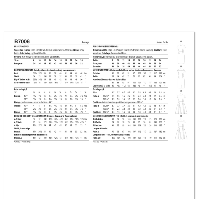 Patron Butterick 7006 robe femme, version papier, taille 44-52, en français