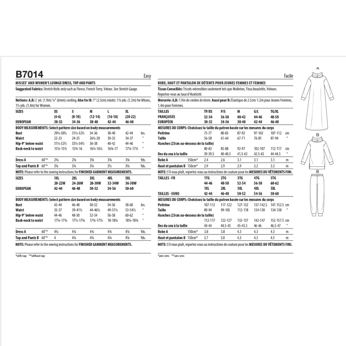 Patron Butterick 7014 combinaison, version papier, taille 1XL-5XL, en français