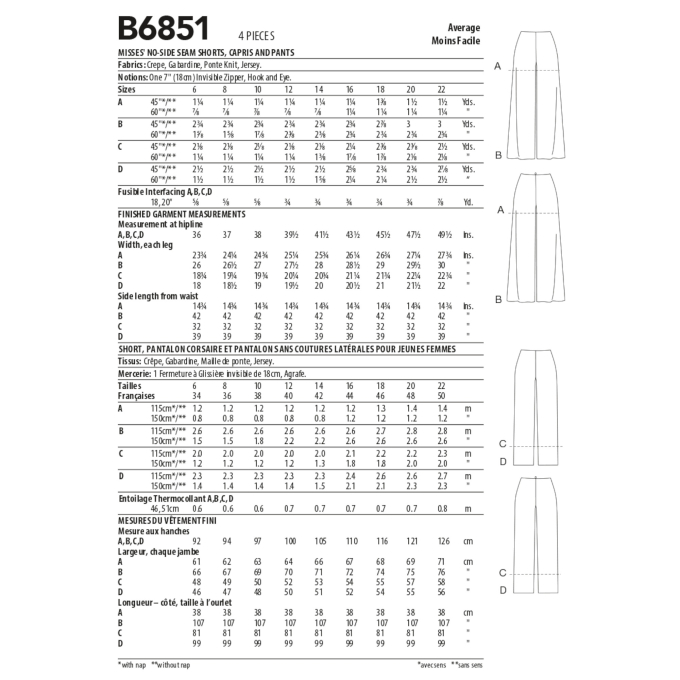 Naaipatroon Butterick Designer broek 6851, maat  32-48, Dui/En/Fr