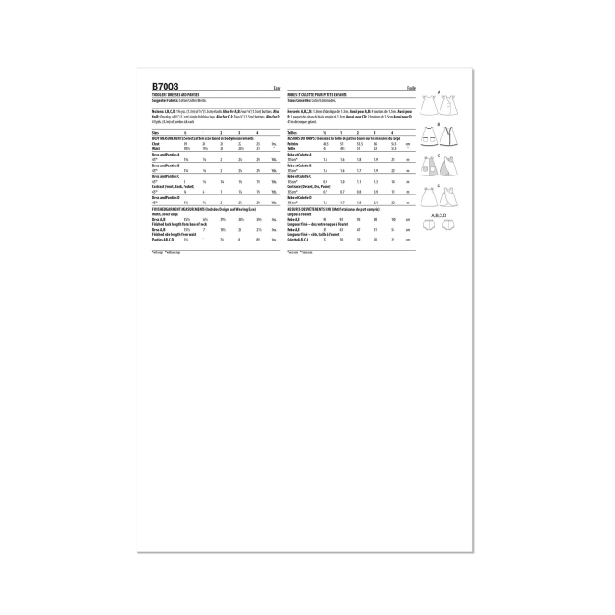 Patron Butterick 7003 robe tablier/culotte enfant, version papier, taille 1/2–4ans, en français